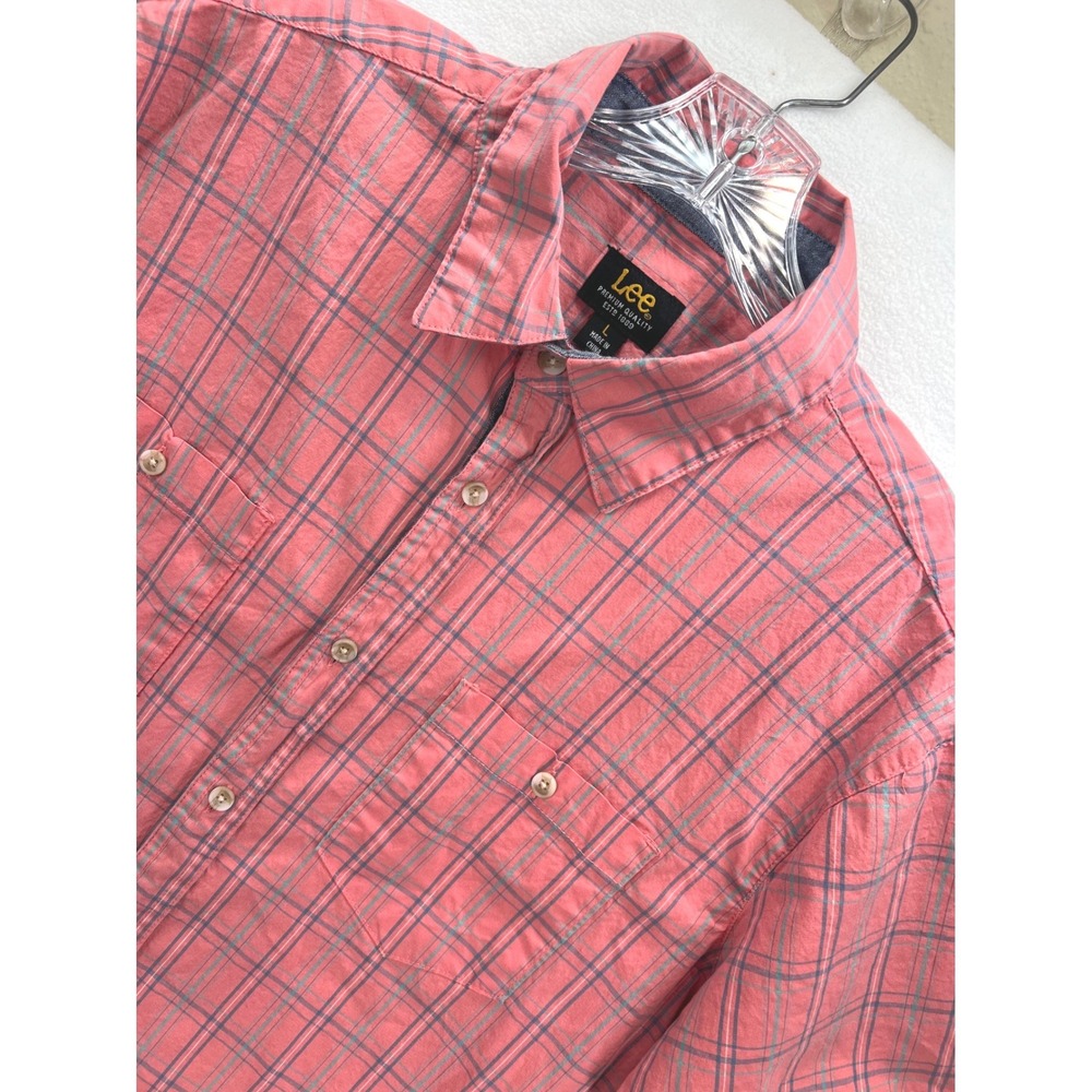 Lee Mens Coral Pink Plaid Short Sleeve Button Down Shirt Large
